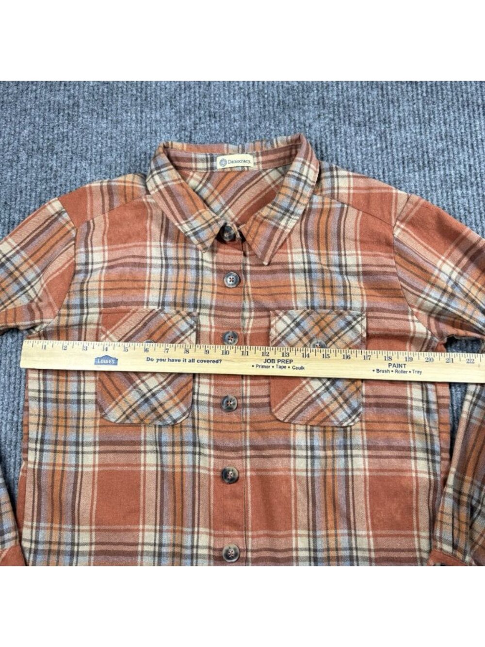 Democracy Flannel Top Womens Large Burnt Orange Plaid Button Front Raw Hem - Picture 5 of 6